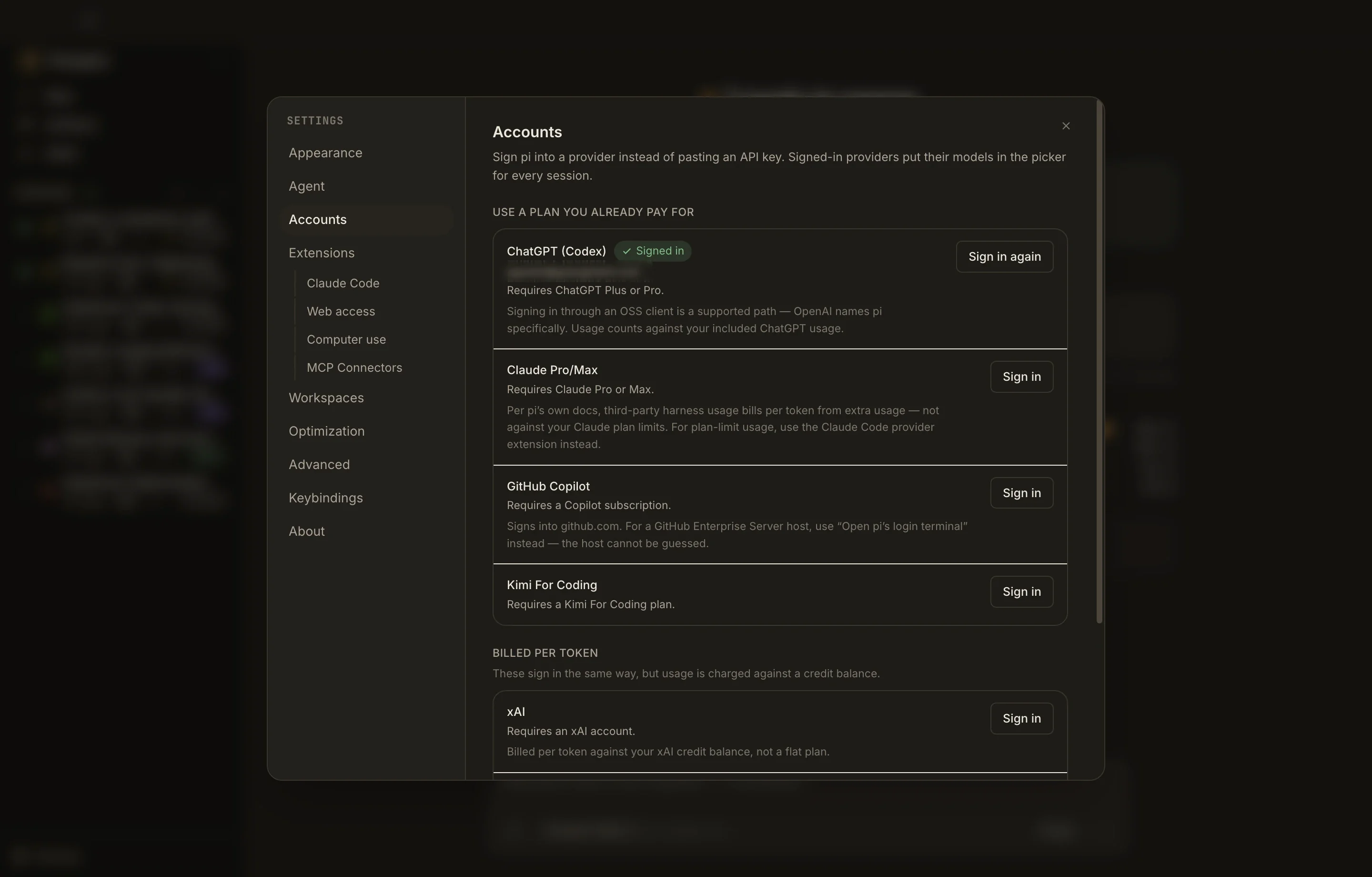 The Accounts settings screen with subscription providers and sign-in status; account email is redacted.