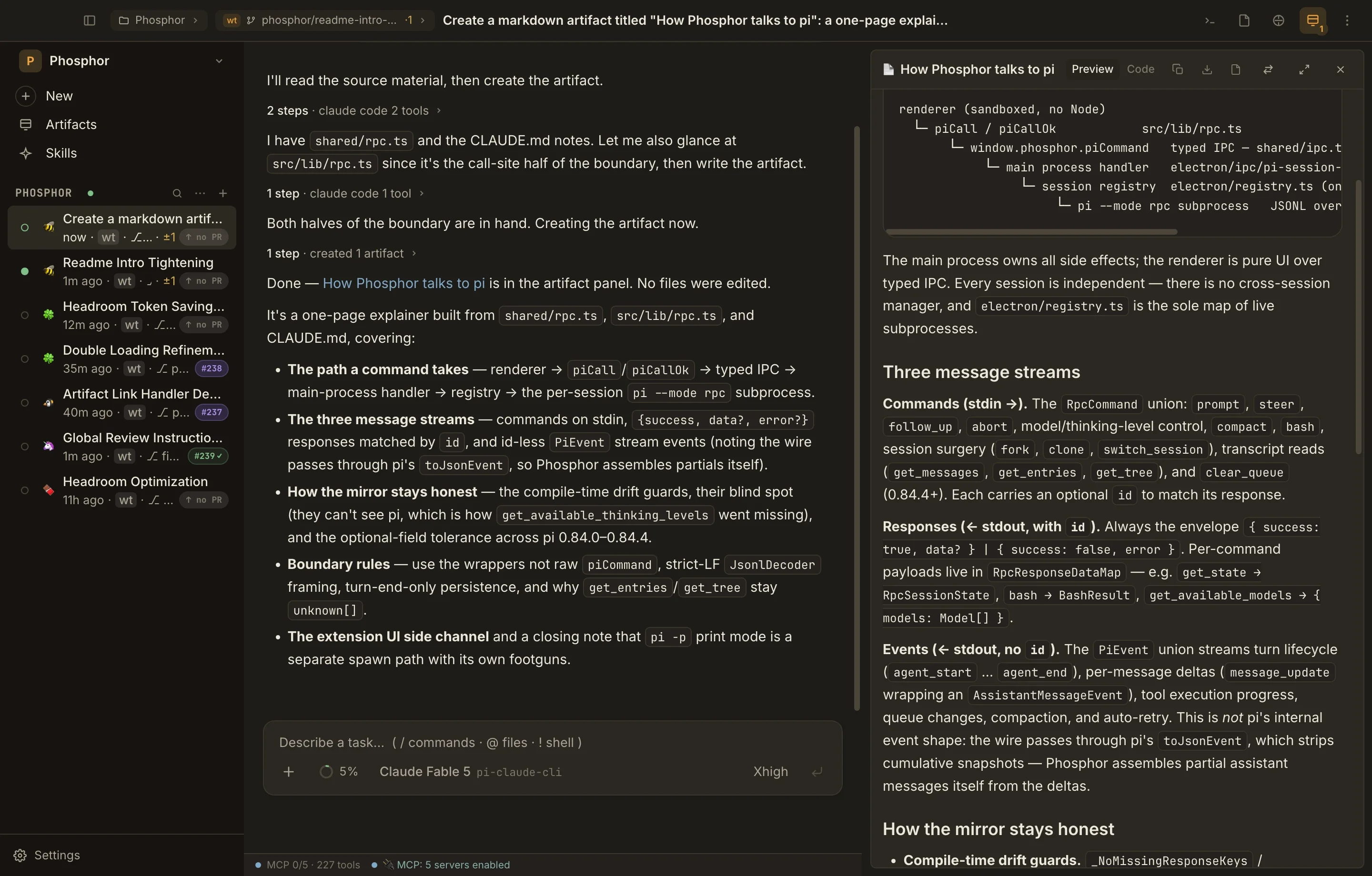 A real long-form document open in the artifact pane beside the session that created it.