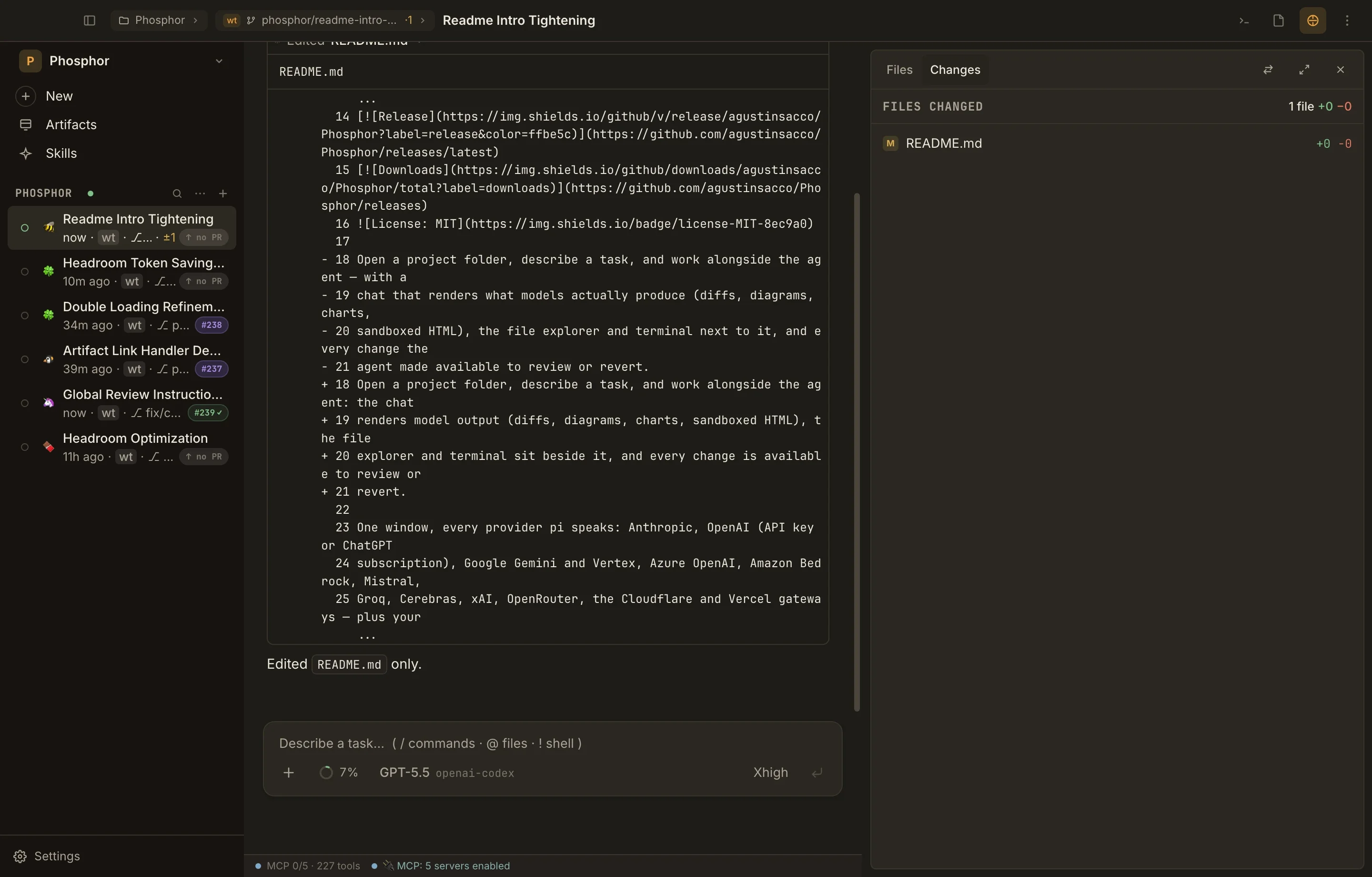 A real agent turn with the activity expanded to show an edit diff and the Changes pane alongside.