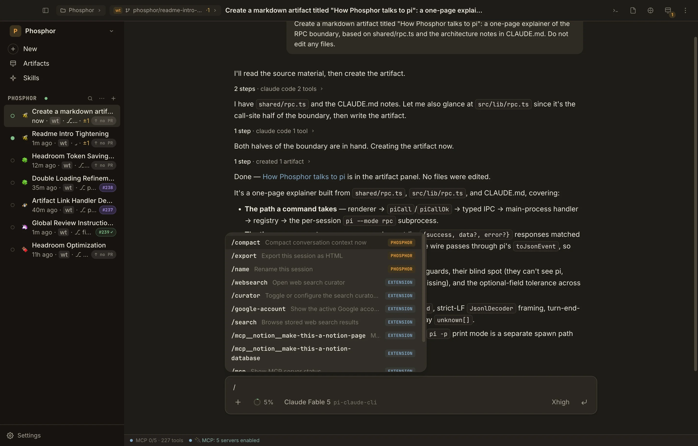 The slash-command menu listing commands in a real Phosphor session.