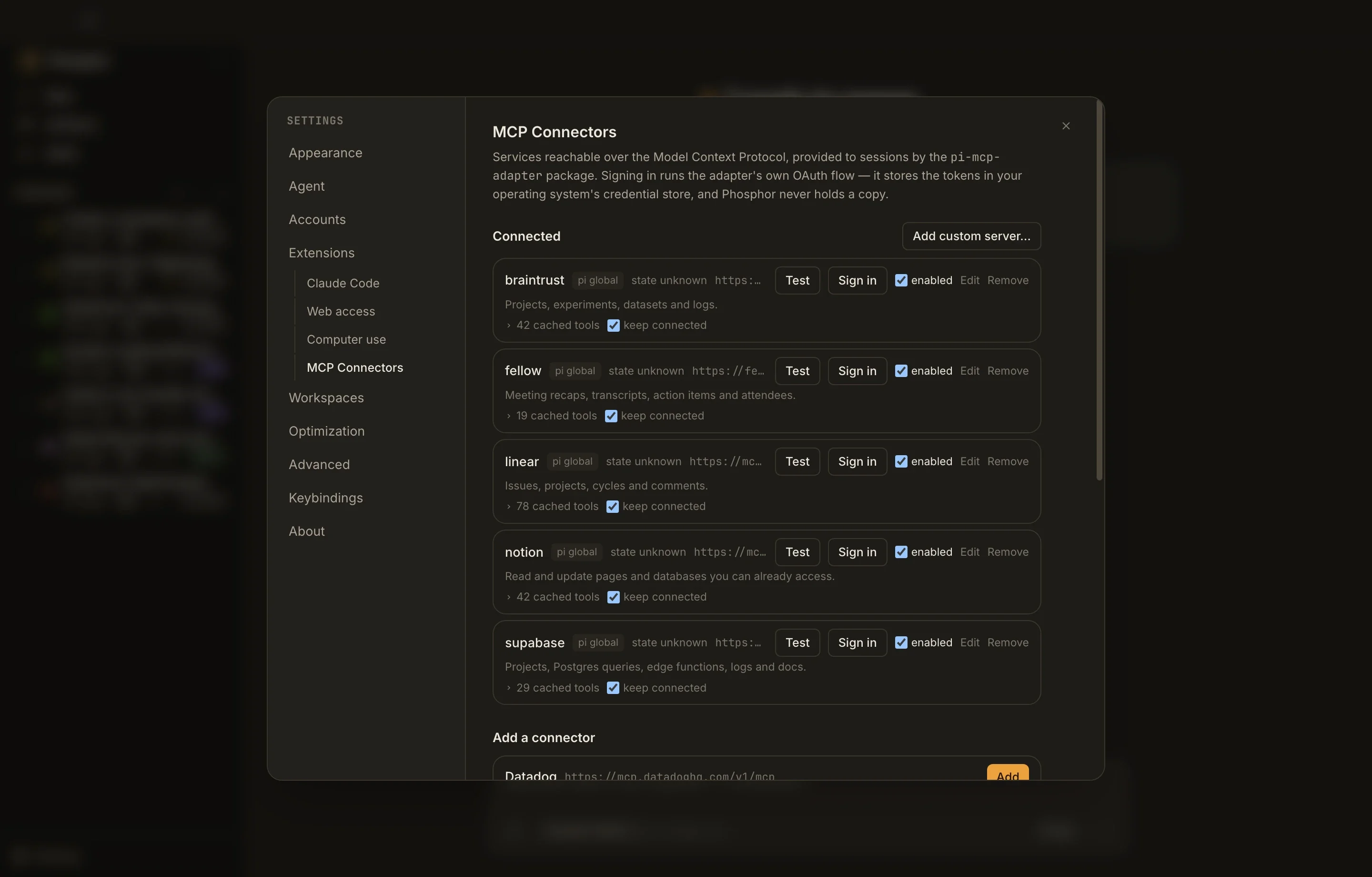 Phosphor’s real Connectors settings screen with available MCP services.
