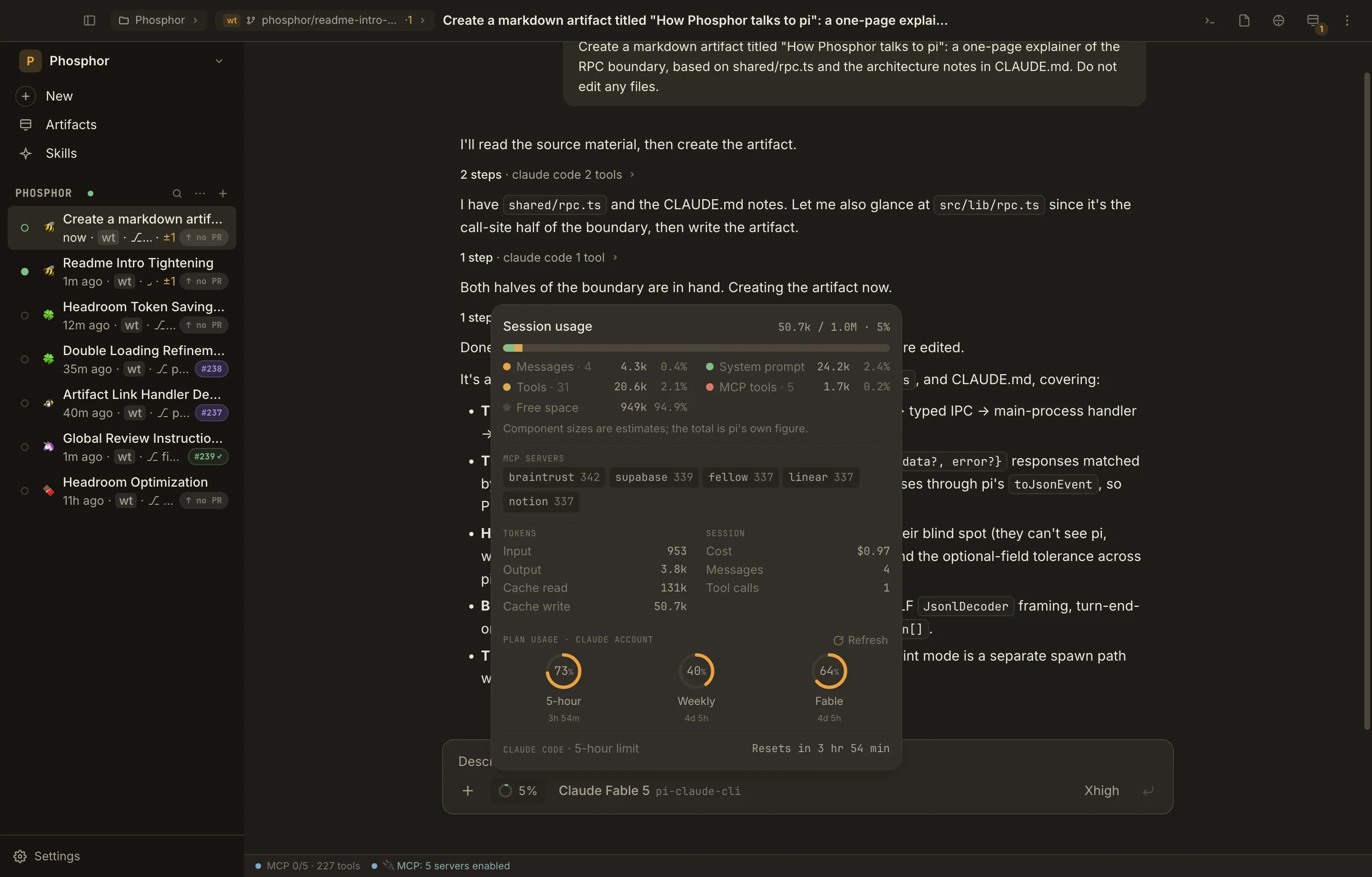 A real context popover showing estimated composition, MCP server attribution, tokens, session cost and Claude plan usage.