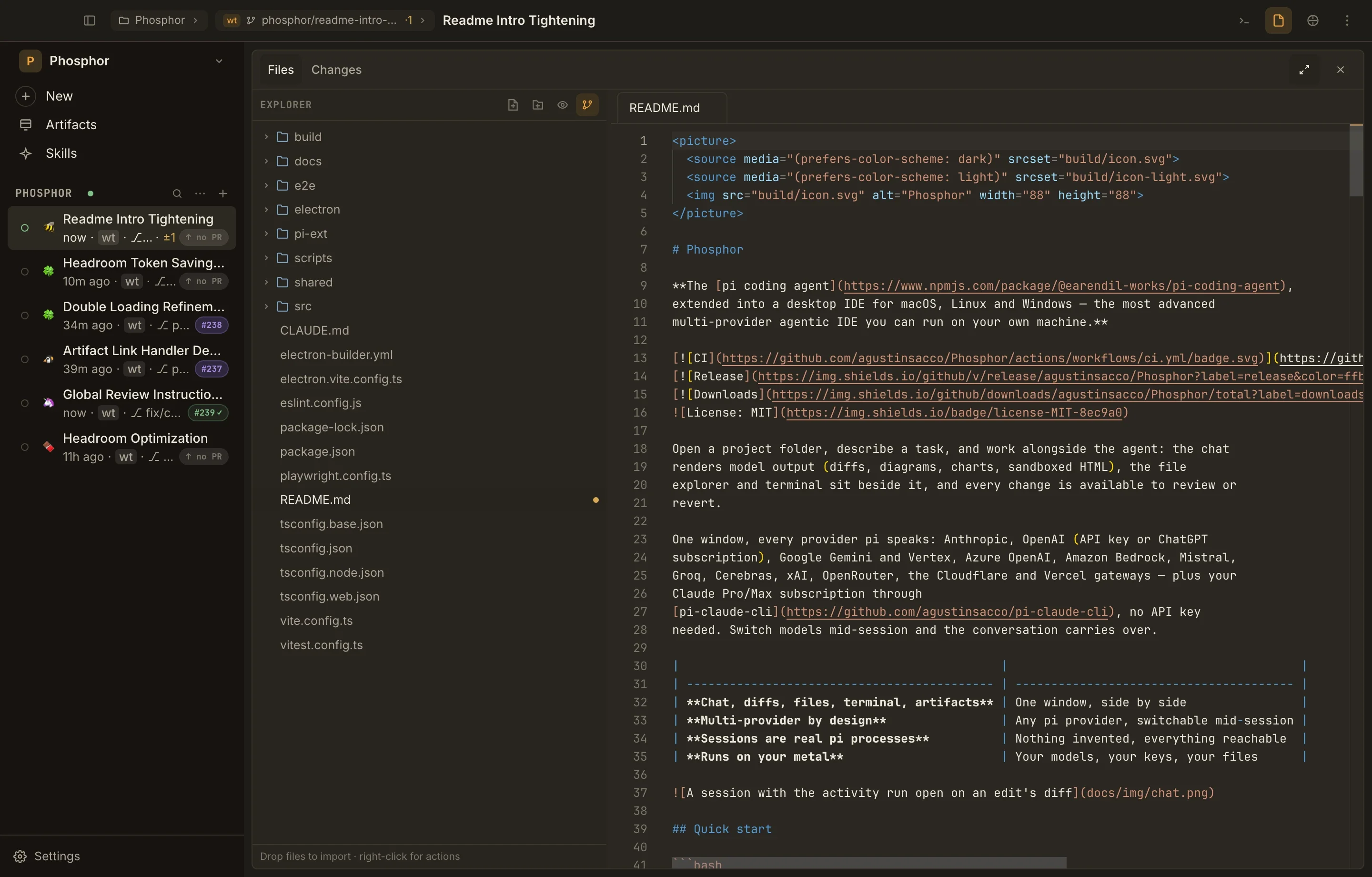 Monaco and the file explorer fullscreened in the main session area, with the sidebar still visible.