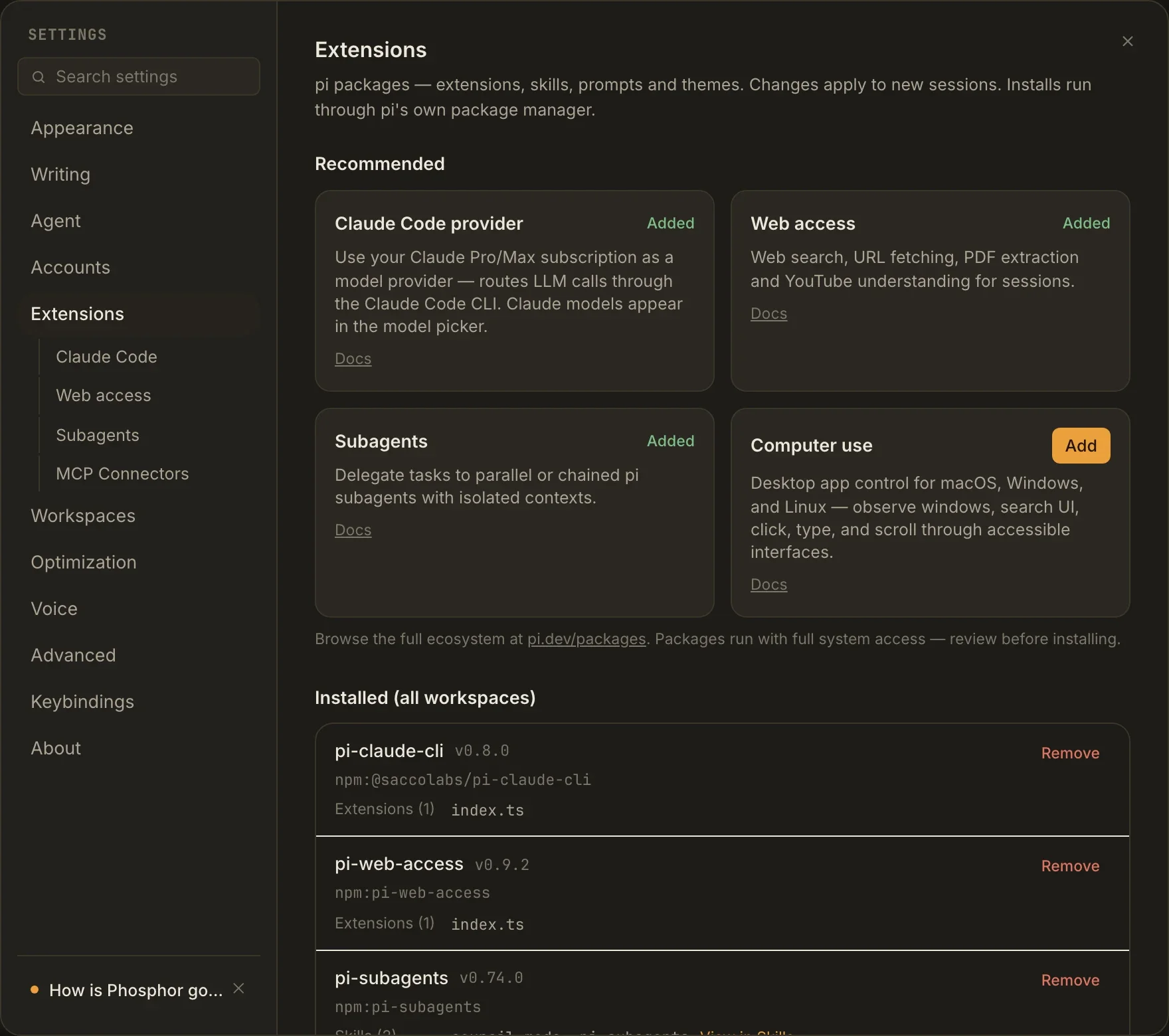 Extensions settings showing the recommended package catalog in a demo configuration.
