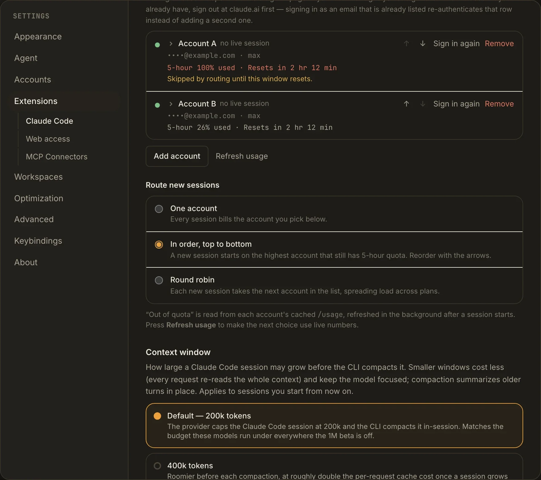The Route new sessions controls with One account, In order top to bottom, and Round robin options; all accounts are fictional.
