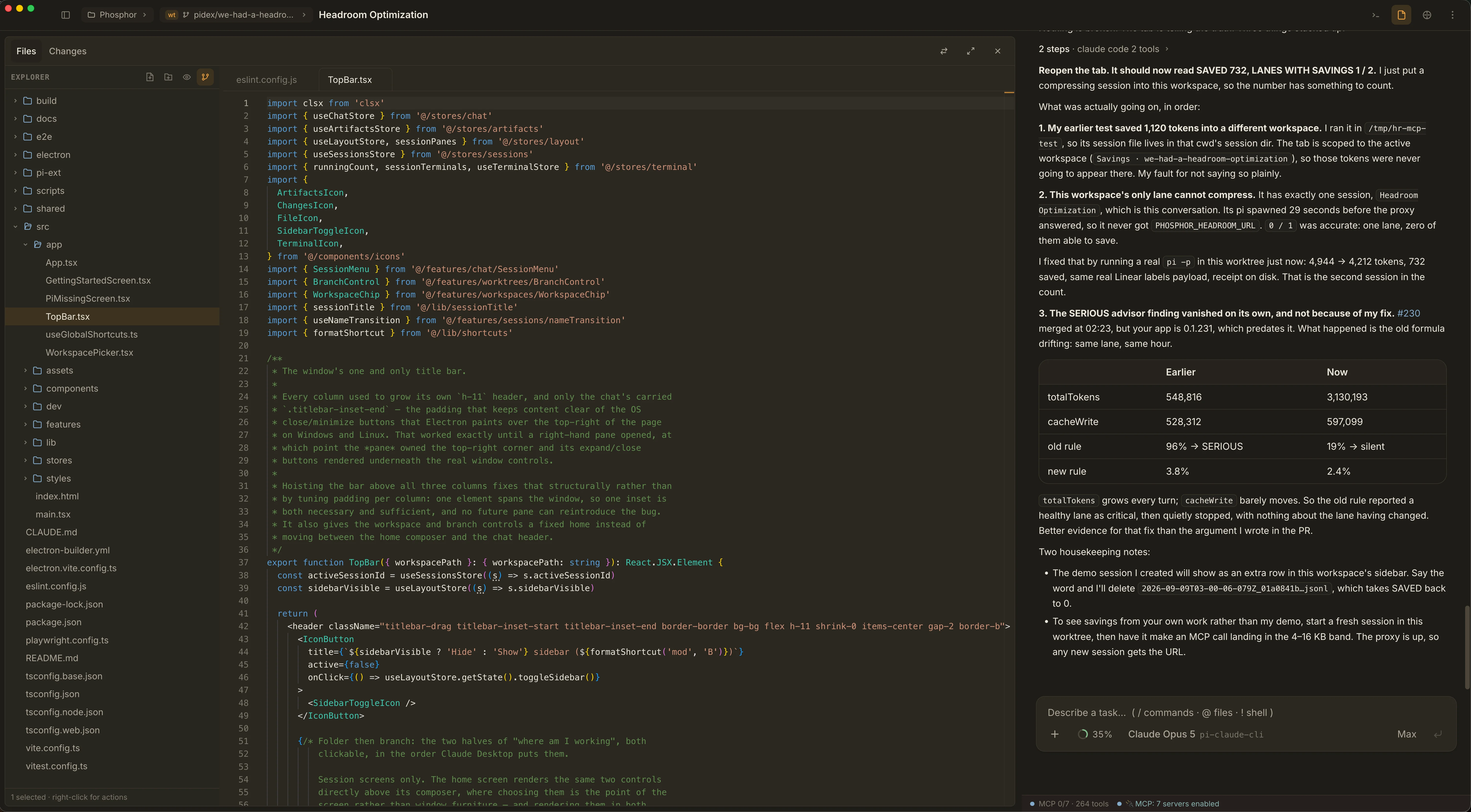 Phosphor’s IDE-style layout with a wide Monaco editor and file explorer on the left, the agent conversation on the right, and the session sidebar hidden.