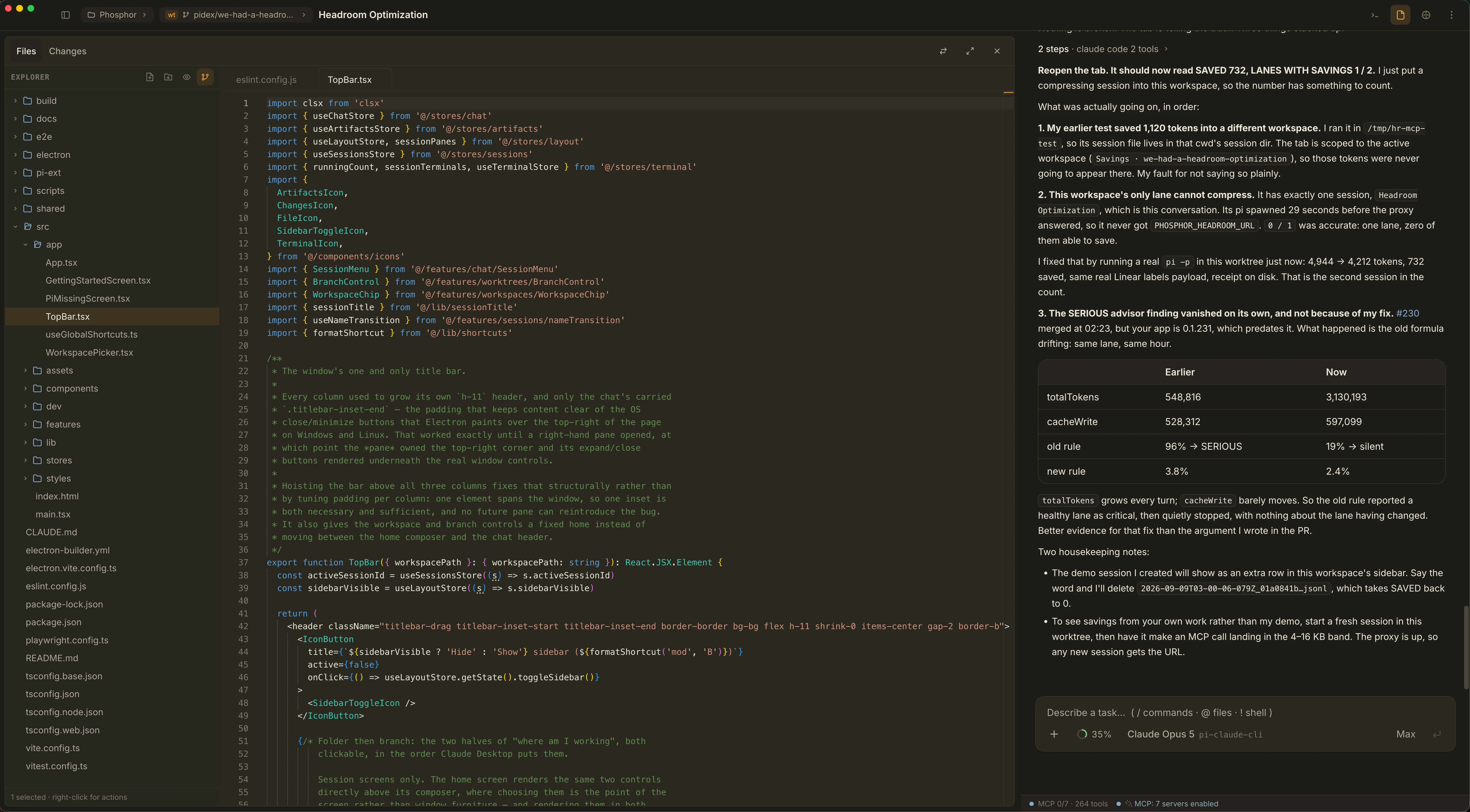 The real Headroom Optimization session: file explorer and Monaco with TopBar.tsx docked left; Claude Opus 5 transcript and results table right; composer showing pi-claude-cli, Max thinking and 35% context usage.