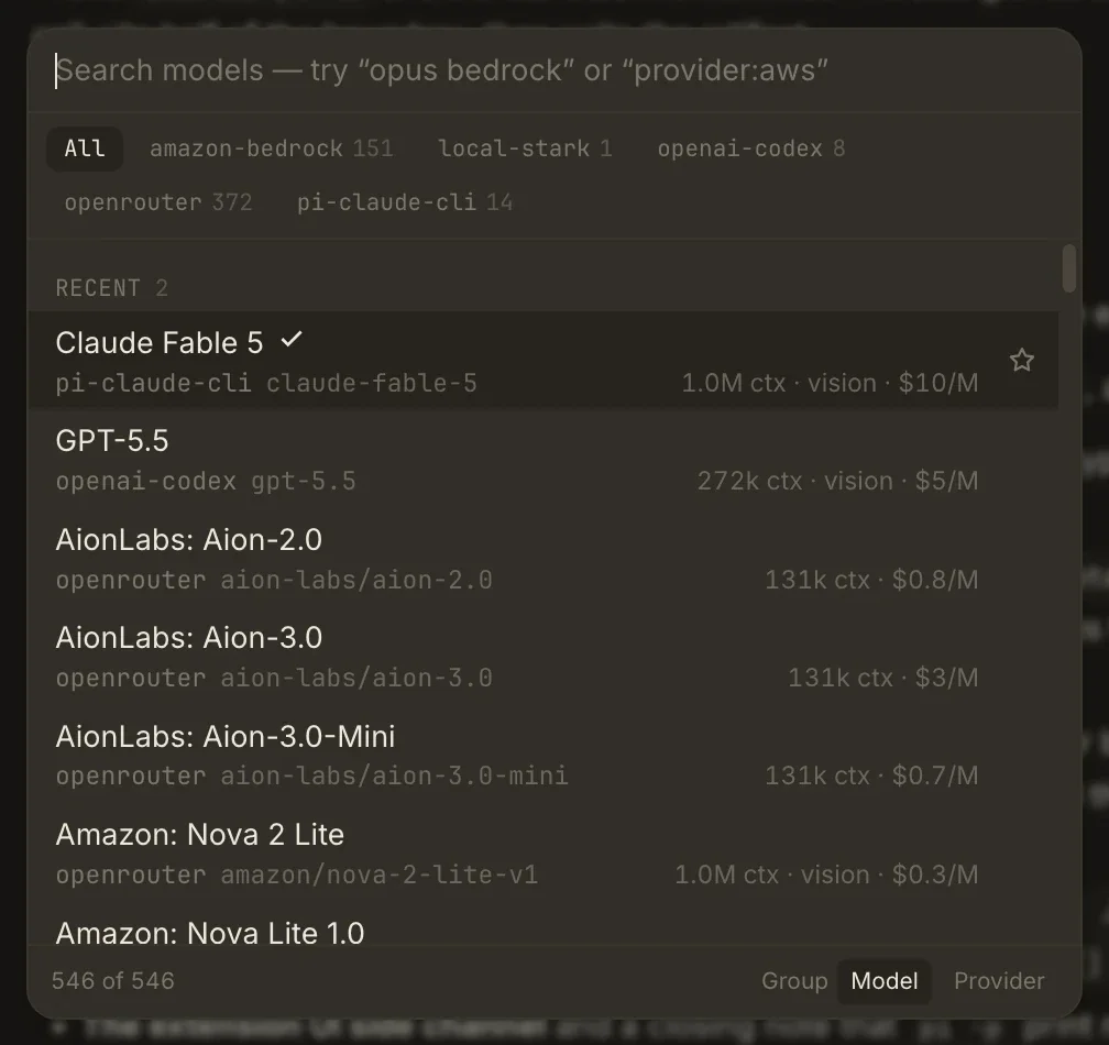 The model menu in the composer: a search box, provider filters, and models with their context size and price.