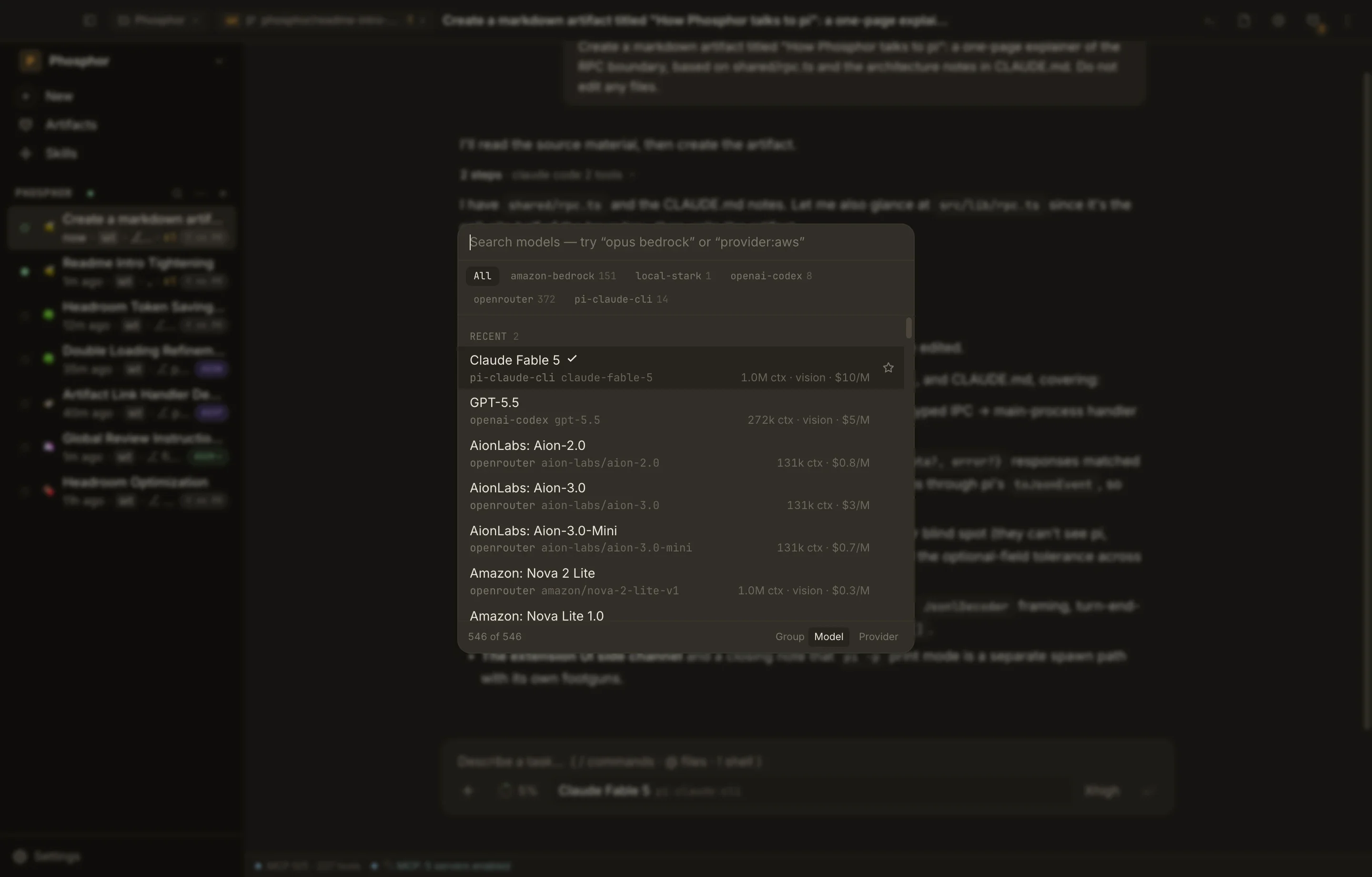 Phosphor’s searchable model menu over a real conversation, grouped by provider.