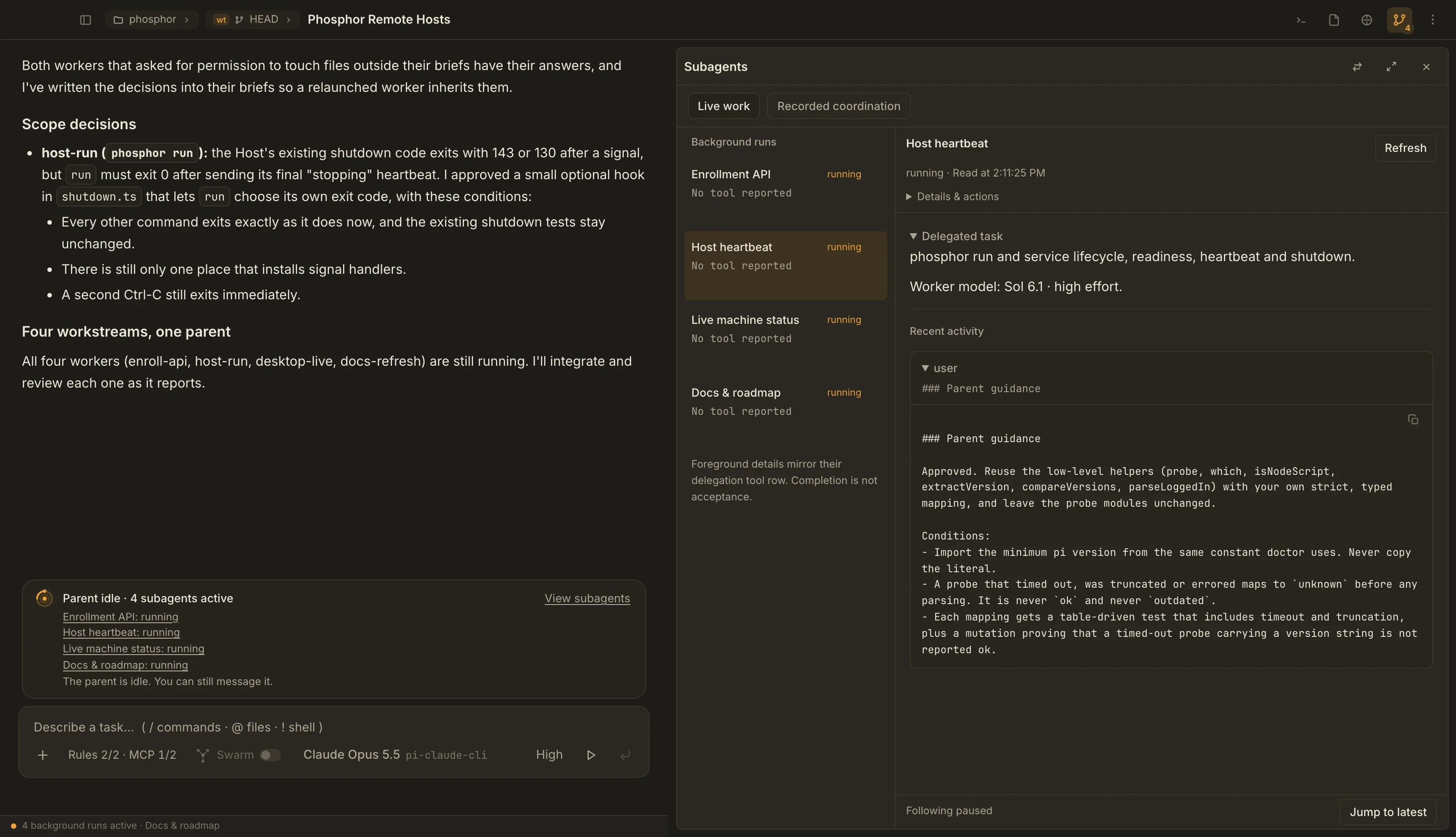 Curated replay of the Phosphor Remote Hosts lane: the parent records a scoped approval while four workstreams appear beside the Host worker’s parent guidance.