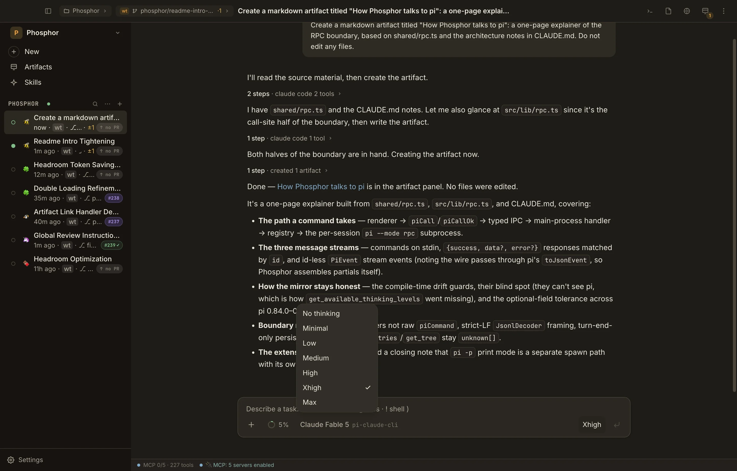 The thinking-level menu above the composer in a real Phosphor session.